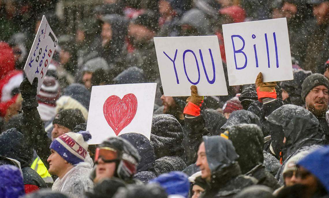 New England Patriots fans hold up signs in support of head coach Bill Belichick during the game against the New York Jets at Gillette Stadium in Jan. 2024.