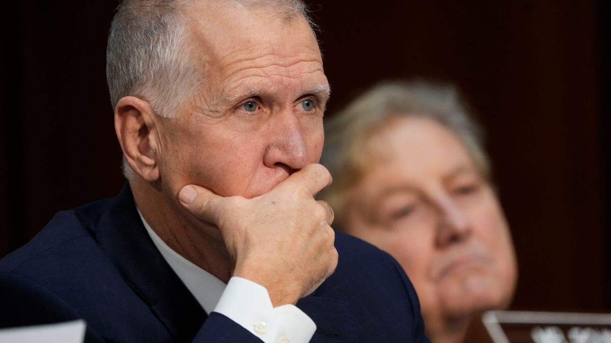 Sen. Thom Tillis (R-NC) listens to testimony at the Senate Banking, Housing, and Urban Affairs Committee oversight hearing to examine Wall Street firms on Dec. 6, 2023, in Washington, D.C.