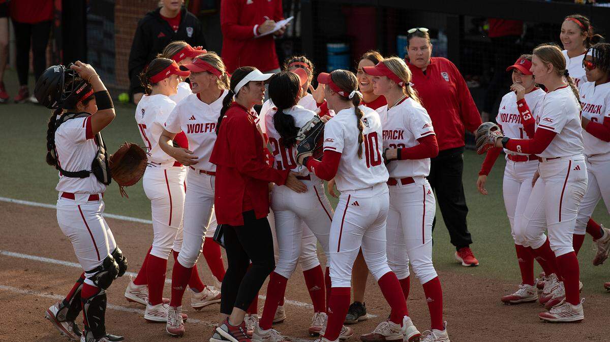 N.C. State celebrates after a defensive stop by Amanda Hasler at home plate during the second inning of the Wolfpack’s 4-3 loss to Duke on Friday, April 26, 2024, at Dail Softball Stadium in Raleigh, N.C.
