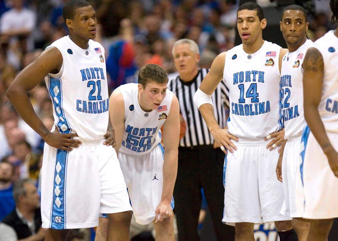 UNC’s Deon Thompson (21), Tyler Hansbrough (50), Danny Green (14) and Wayne Ellington (22) shows signs of exhaustion during the closing minutes of their loss to Kansas in April 2008 at the Alamodome.