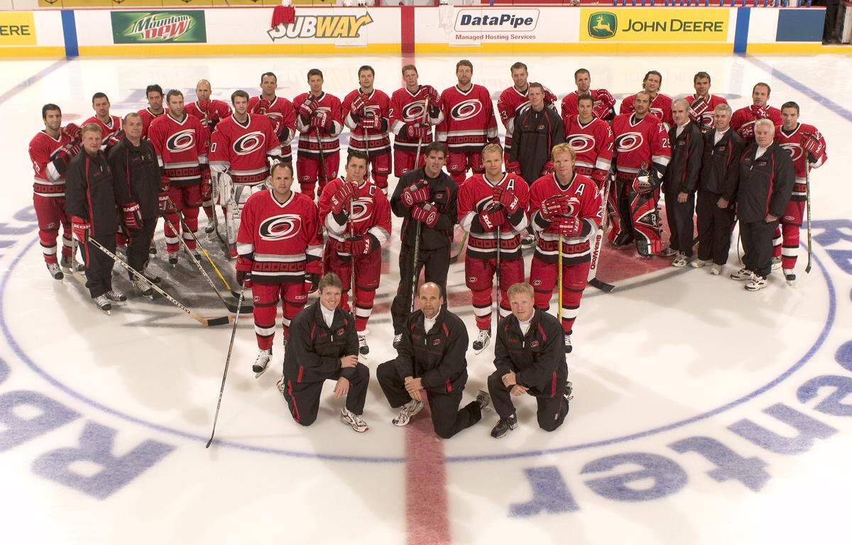  2005-06 Carolina Hurricanes team photo (L-R): Row1- Video coordinator Chris Huffine, Head athletic therapist/strength and conditioning coach Pete Friesen,  Associate athletic therapist Chris Steward. Row2 - Cory Stillman, Rod Brind'amour, Head Caoch Peter Laviolette,  Kevyn Adams, Glen Wesley. Row3 - Goaltending coach/Pro scout Greg Stefan, Assistant coach Kevin McCarthy,  Erik Cole, Cam Ward,  Assistant coach Jeff Daniels, Ray Whitney, Martin Gerber, Equipment manager Skip Cunningham, Equipment manager Bob Gorman, Equipment manager Wally Tatomir. Row4 - Mike Zigomanis, Justin Williams, Matt Cullen, Niklas Nordgren, Bret Hedican, Frantisek Kaberle, Oleg Tverdovsky, Eric Staal, Mike Commodore, Josef Vasicek, Aaron Ward, Jesse Boulerice, Niclas Wallin, Andrew Hutchinson, Radim Vrbata. (ROBERT WILLETT/Staff)