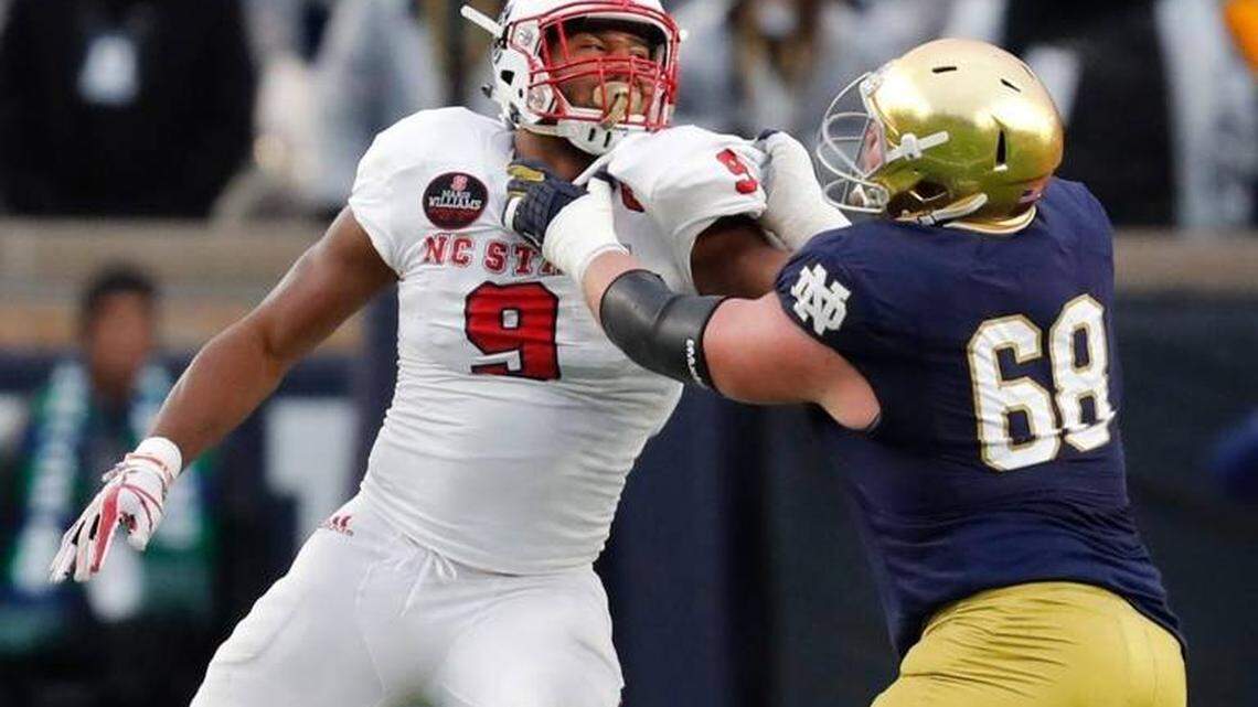 N.C. State defensive end Bradley Chubb, left, tries to get around Notre Dame offensive lineman Mike McGlinchey in October.