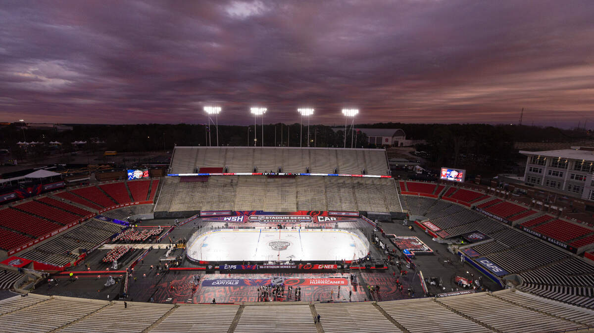 The ice is ready as final preparations are made at Carter-Finley Stadium in Raleigh, N.C., Friday, Feb. 17, 2023, before the Carolina Hurricanes’ Stadium Series outdoor game against the Washington Capitals Saturday.