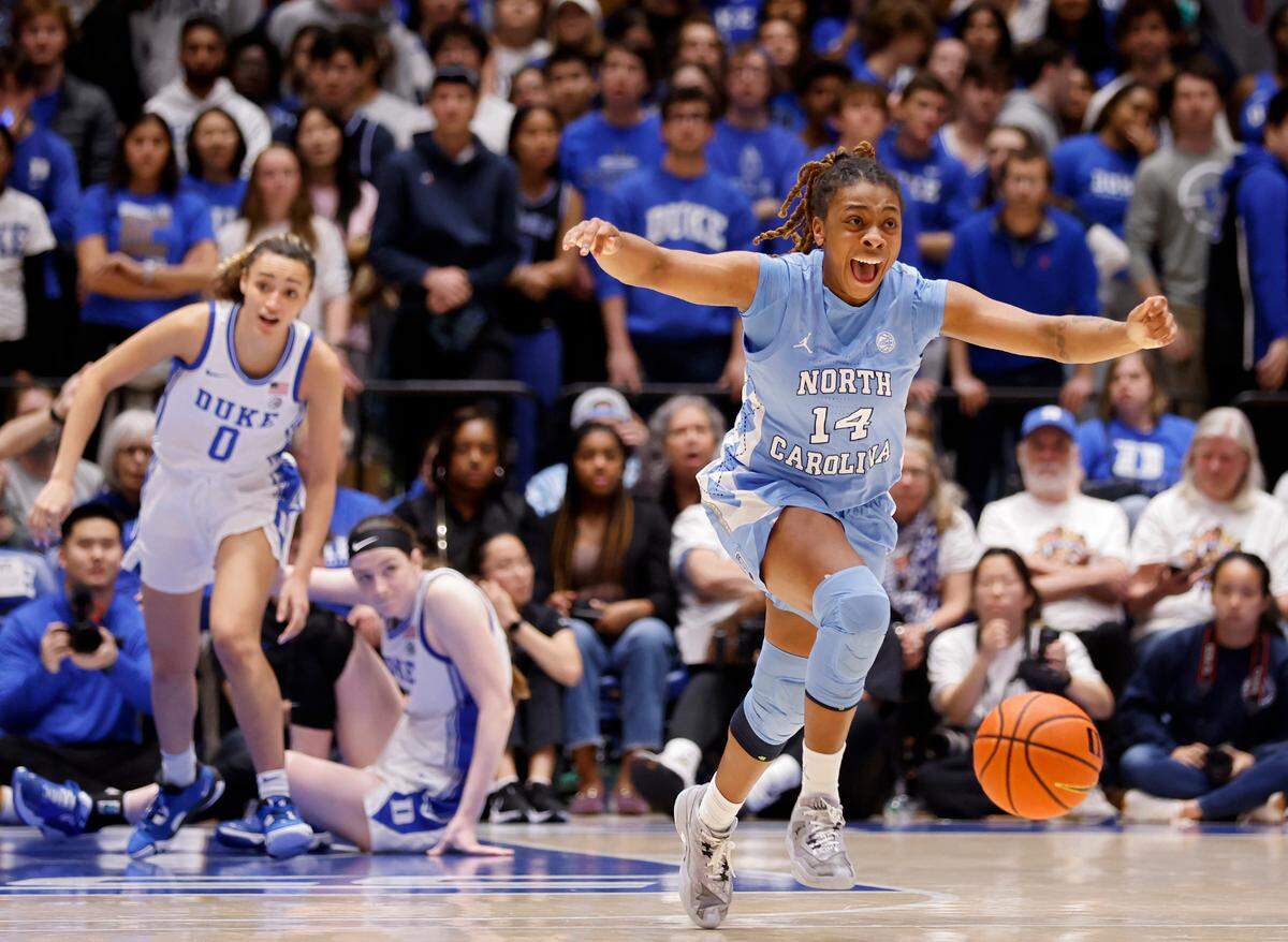 North Carolina’s Kayla McPherson celebrates as time expires during North Carolina’s 45-41 win over Duke on Sunday, Feb. 26, 2023, at Cameron Indoor Stadium in Durham, N.C.