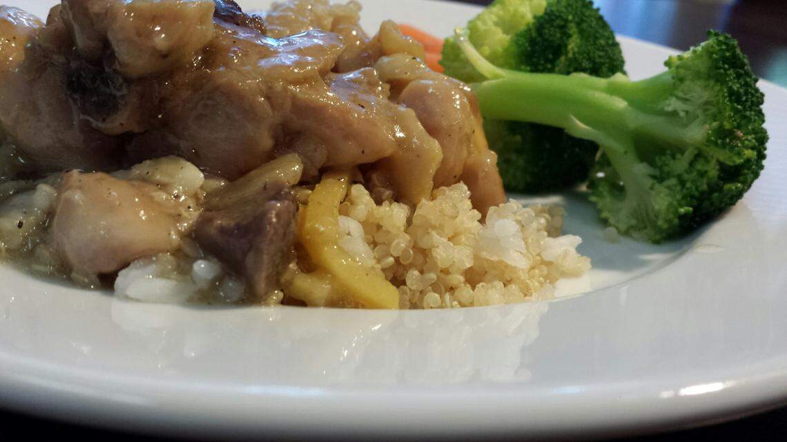 Ga kho (ginger-braised chicken) on rice or quinoa with a side of steamed vegetables is easier than it sounds.  Put this recipe and others in your back pocket.