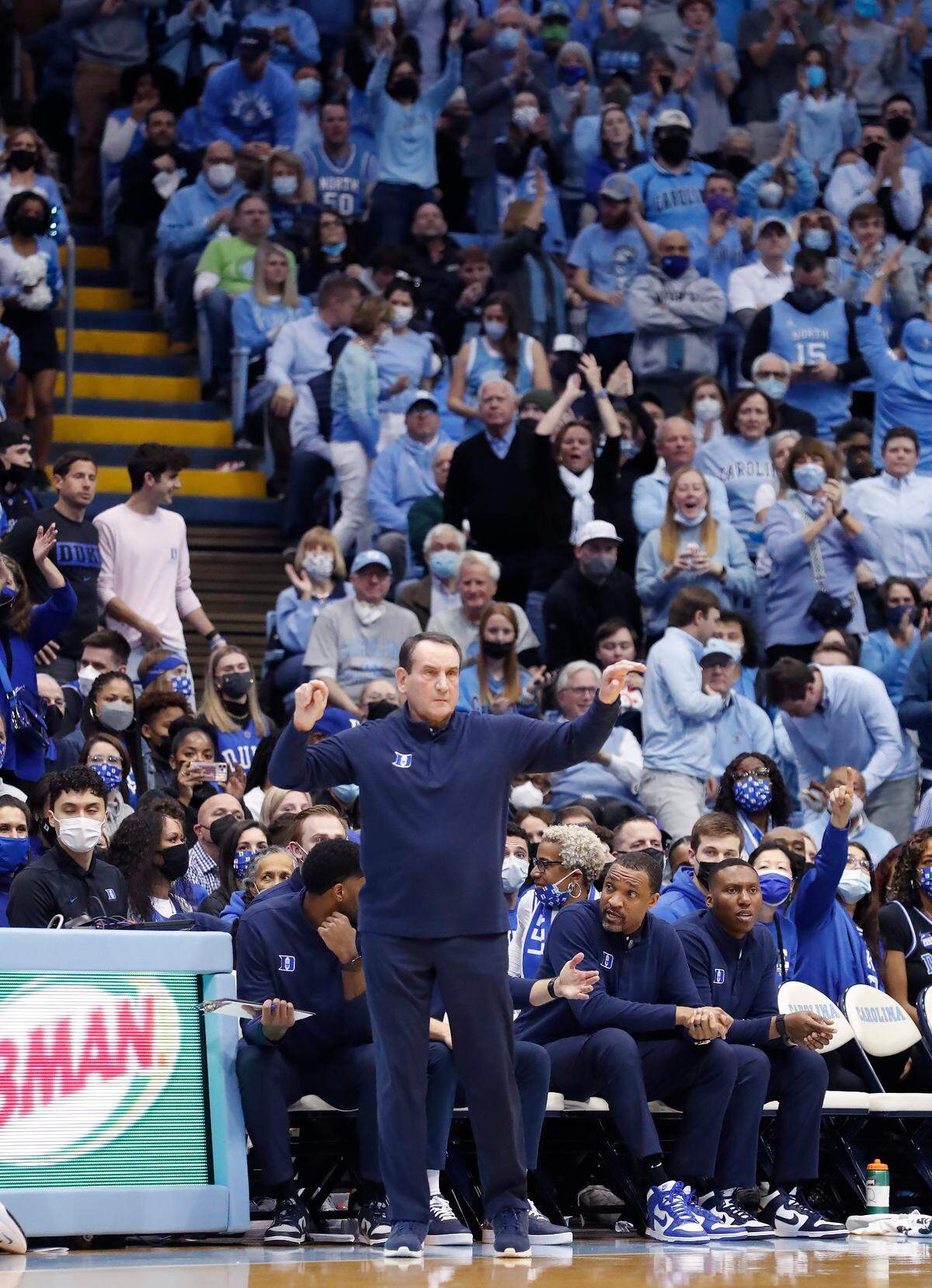 Duke head coach Mike Krzyzewski directs his team during the first half of UNC’s game against Duke at the Smith Center in Chapel Hill, N.C., Saturday, Feb. 5, 2022.