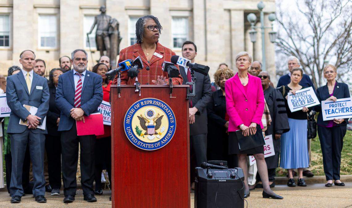 Gayle Headen, Executive Director of Wake County Smart Start, speaks about the trouble caused by the freezing of federal funds by President Donald Trump, during a press briefing on the North Carolina State Capitol grounds on Friday, January 31, 2025 in Raleigh, N.C.