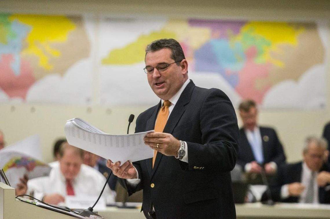 Redistricting chairman Rep. David Lewis explains proposed redistricting maps during a redistricting committee meeting Feb. 17, 2016.