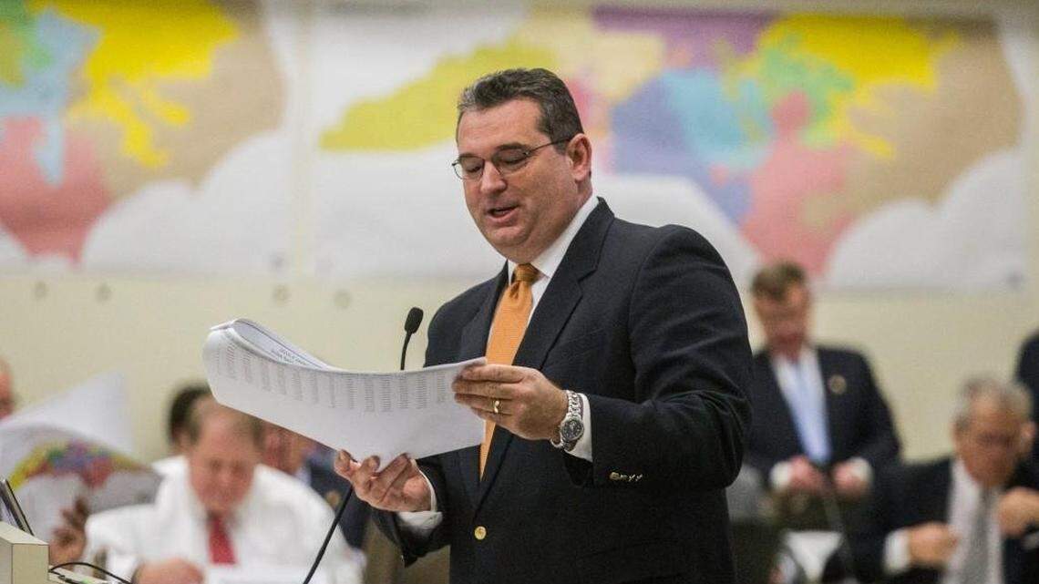 Redistricting chairman Rep. David Lewis explains proposed redistricting maps during a redistricting committee meeting Feb. 17, 2016.