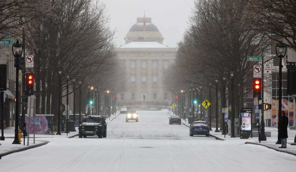Traffic is light on Fayetteville St. in downtown Raleigh Sunday morning, Jan. 25, 2026.