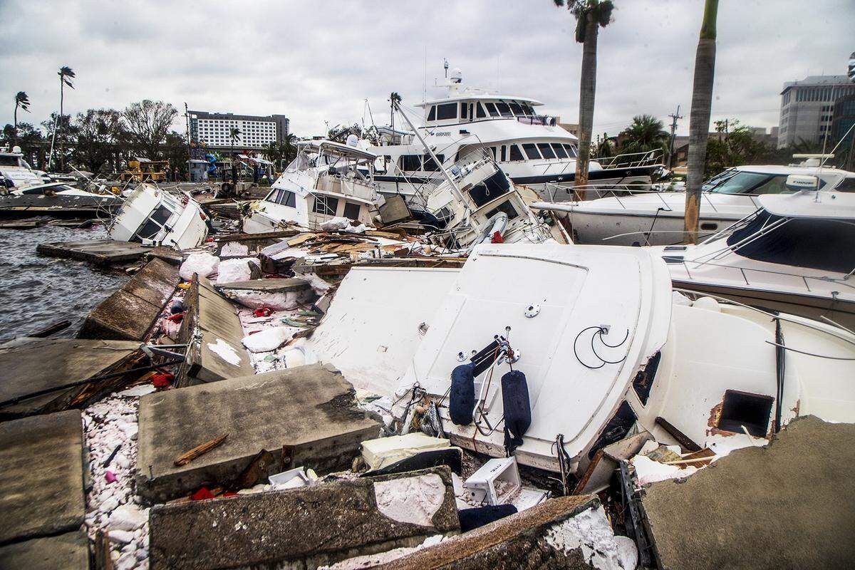 Scene of boats that were run aground in the Legacy Harbour Marina in Fort Myers a day after Hurricane Ian hits the West Coast of Florida as Category 4 storm, on Thursday September 29, 2022