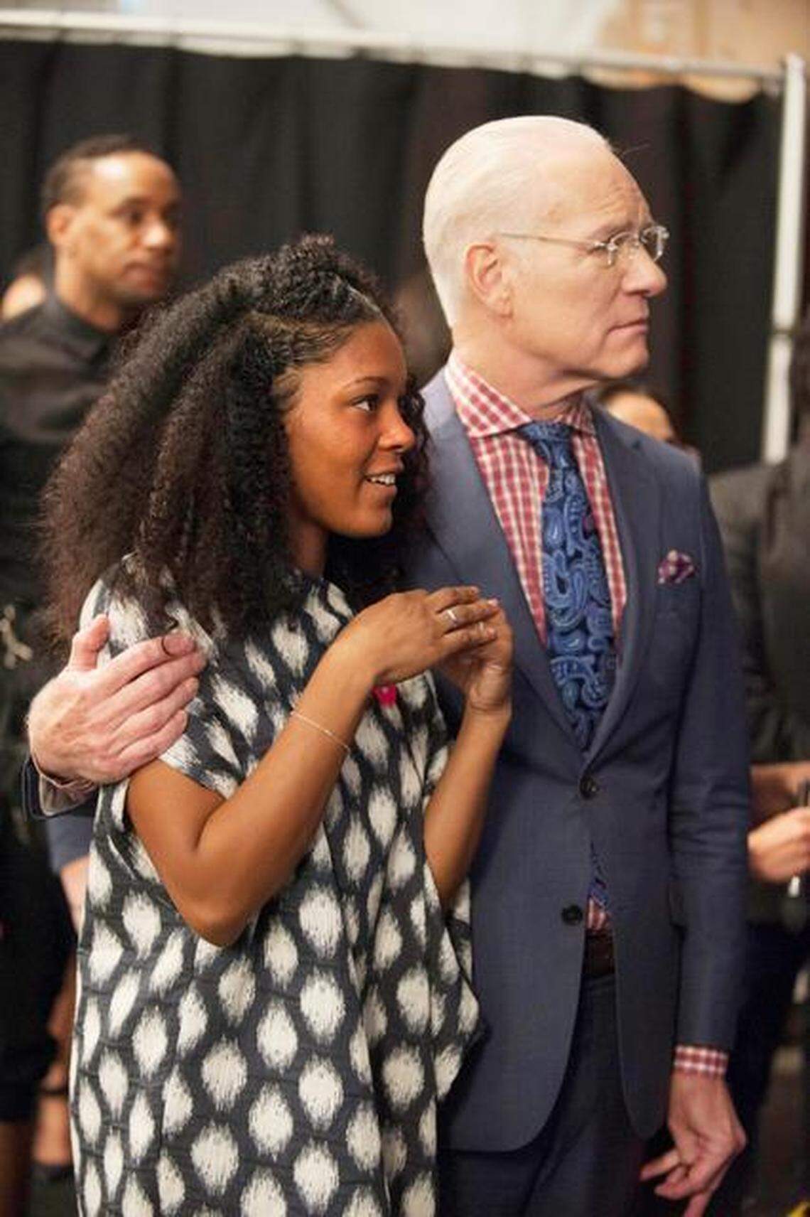 Dom Streater and Tim Gunn watch her New York Fashion Week show from backstage on "Project Runway."
