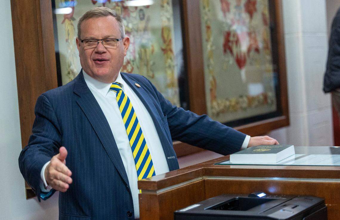 House Speaker Tim Moore, seen here in a September 2023 file photo on the House floor, will not seek reelection in 2024.