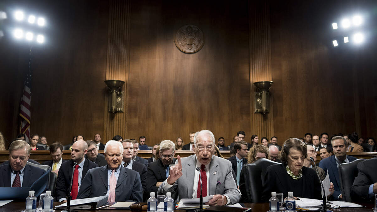 Sen. Chuck Grassley (R-Iowa), second from right, chairman of the Judiciary Committee, speaks during an executive business meeting to consider the nomination of Judge Brett Kavanaugh to the Supreme Court, on Capitol Hill in Washington, Sept. 13, 2018. From left: Sens. Lindsey Graham (R-S.C.), Orrin Hatch (R-Utah), Grassley, and ranking member Dianne Feinstein (D-Calif.).