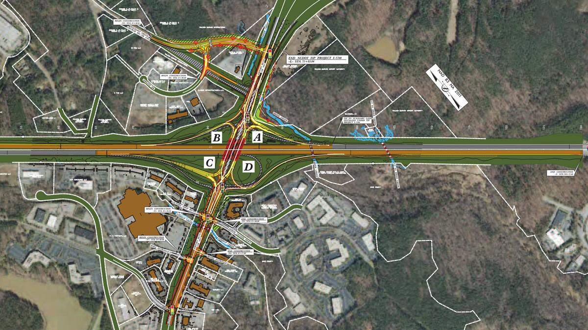 Contractors are rebuilding the Interstate 40 interchange at Airport Boulevard, just south of Raleigh-Durham International Airport, to include a diverging diamond traffic pattern.