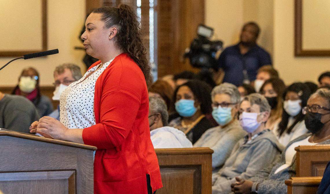 Christy Wagner, the mother of a J.S. Waters School student, speaks during a Chatham County school board meeting Monday, March 14, 2022. Wagner says her son experienced a slave auction of Black students led by classmates at J.S. Waters School in Goldston.