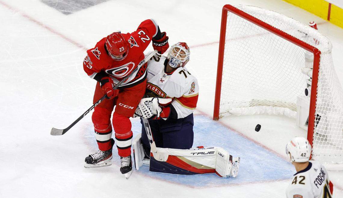 Carolina right wing Stefan Noesen (23) looks to deflect the puck as Florida goaltender Sergei Bobrovsky (72) defends during the first period of game two between the Hurricanes and Panthers in the Eastern Conference Finals at PNC Arena in Raleigh, N.C., Saturday, May 20, 2023.