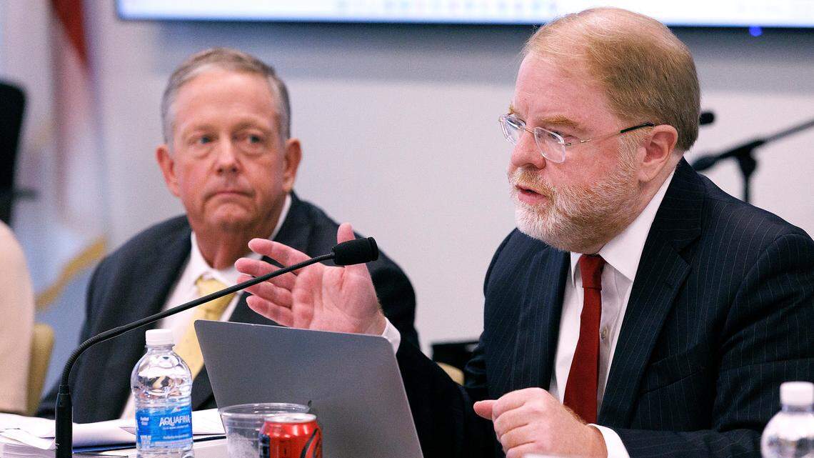 UNC System President Peter Hans speaks during a meeting of the Board of Governors on Thursday, May 23, 2024, in Raleigh, N.C.
