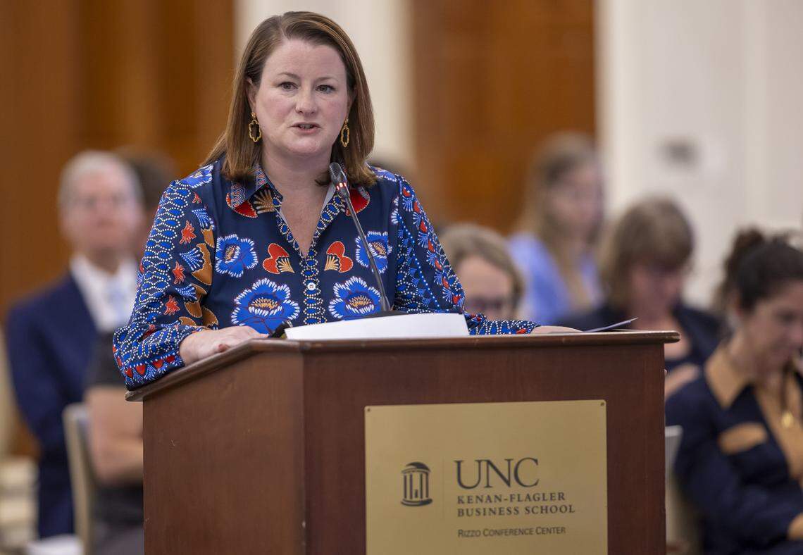 Kelly Dockham, director of federal affairs for the University of North Carolina, makes a presentation before the UNC Board of Trustees on Tuesday, July 30, 2025 in Chapel Hill, N.C.