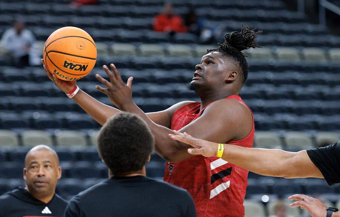 N.C. State’s DJ Burns, Jr. takes the ball to the hoop during a practice on Wednesday, March 20, 2024, at PPG Paints Arena in Pittsburgh, Pa. The Wolfpack face sixth-seeded Texas Tech in the first round of the NCAA Tournament on Thursday.