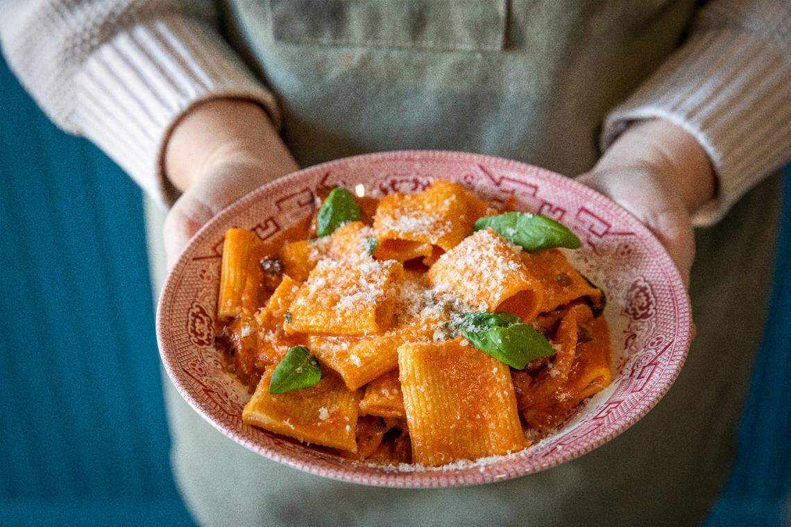 “Rigatoni all’Amatriciana was the first dish we’ve eaten on our very first trip to Italy in our lives, which we took with our father,” said Eleanor Lacy, co-owner of Bombolo with her brother, Garret Fleming. “It’s a simple dish of tomato sauce and guanciale (pig cheek bacon), and it’s a bit spicy with a little bit of heaviness. You can just eat it every day.”