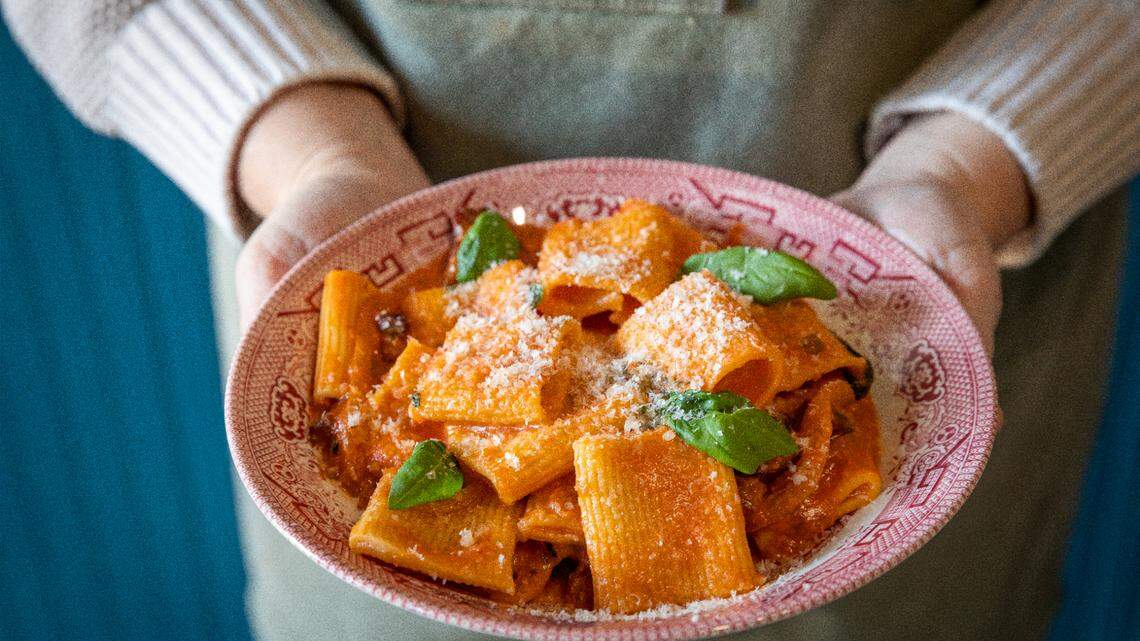 “Rigatoni all’Amatriciana was the first dish we’ve eaten on our very first trip to Italy in our lives, which we took with our father,” said Eleanor Lacy, co-owner of Bombolo with her brother, Garret Fleming. “It’s a simple dish of tomato sauce and guanciale (pig cheek bacon), and it’s a bit spicy with a little bit of heaviness. You can just eat it every day.”