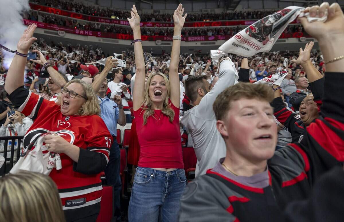 Carolina Hurricanes fans celebrate their 4-2 victory over Vegas, as the horn sounds at the end of the third period, in Game 5 of the Stanley Cup Final, on Thursday, June 11, 2026 at Lenovo Center in Raleigh, N.C.
