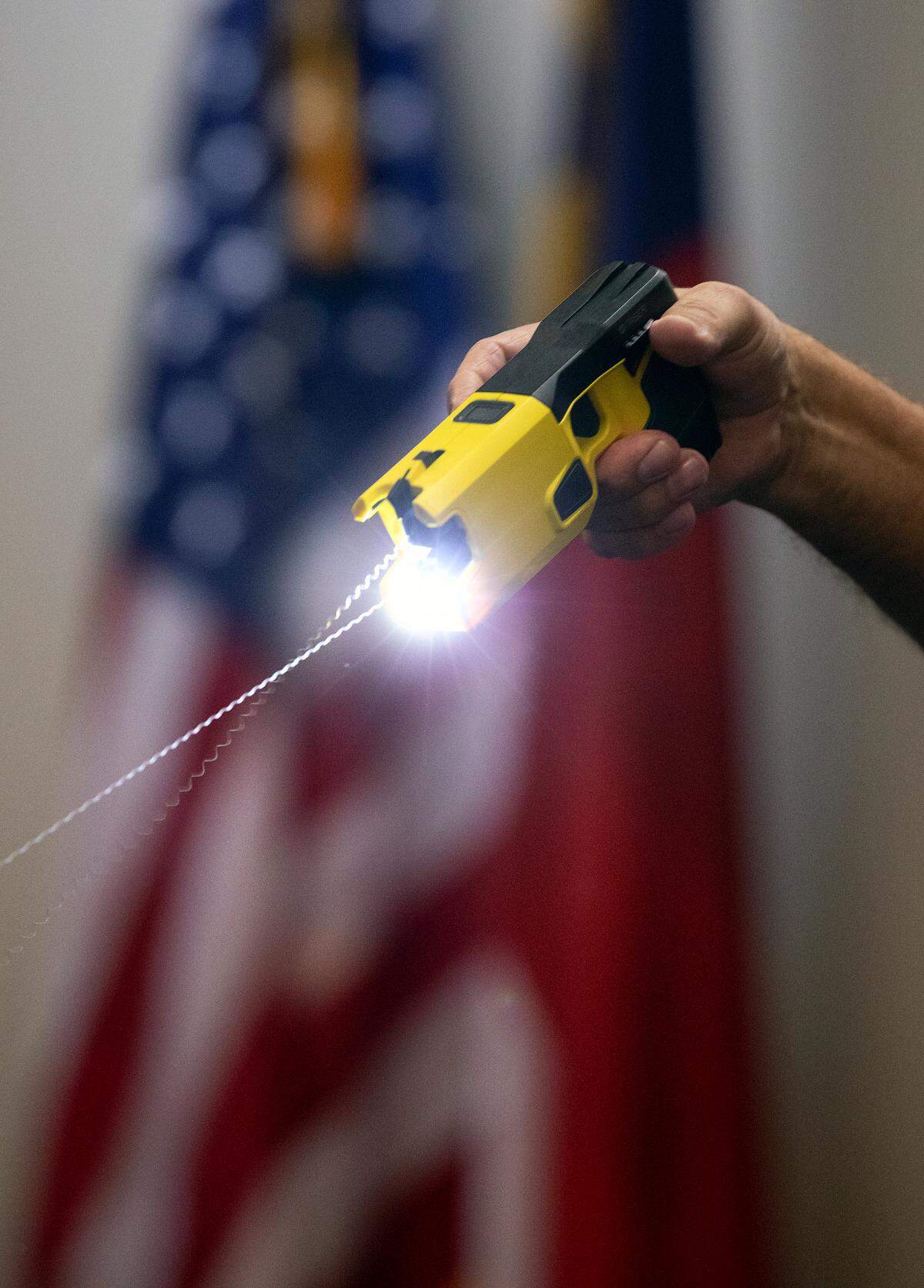 Pinehurst Police Deputy Chief Ken Hall demonstrates the use of a Taser 7 on Tuesday, Oct. 29, 2024, at the Pinehurst Police Department in Pinehurst, N.C.