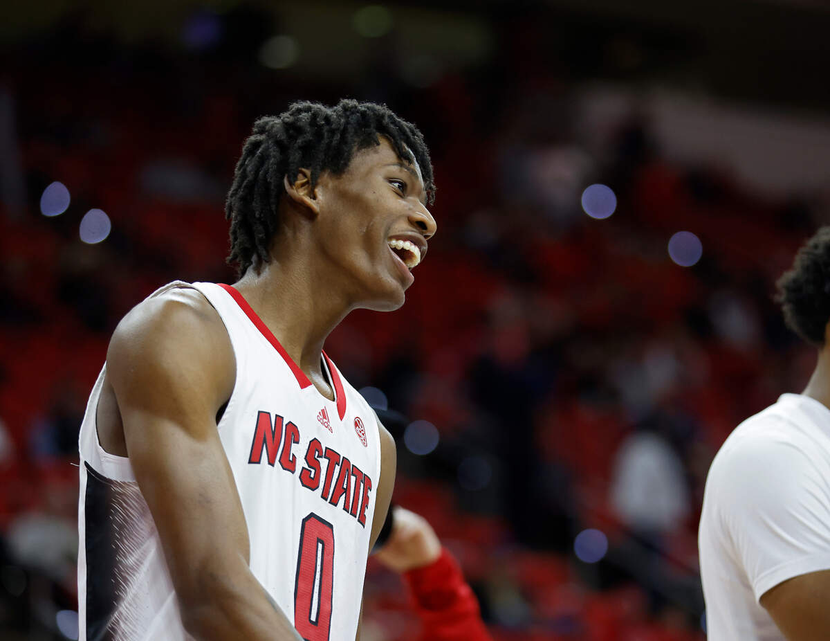 North Carolina State’s Terquavion Smith smiles while warming up prior to the Wolfpack’s game against Notre Dame at PNC Arena on Tuesday, Jan. 24, 2023, in Raleigh, N.C.