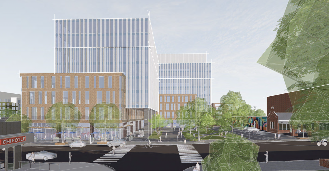 Longfellow Real Estate Partners’ renderings for up to 380,000 square feet of research lab, office, and retail in the 300 block of West Franklin Street in Chapel Hill.