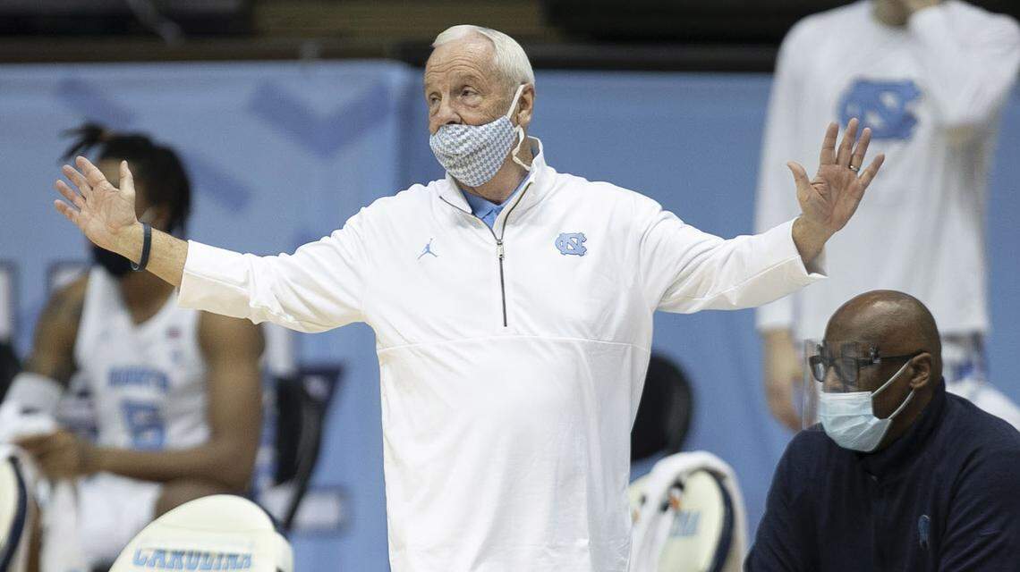 North Carolina coach Roy Williams reacts to a foul called against his team during the first half against Florida State on Saturday, February 27, 2021 in Chapel Hill, N.C.