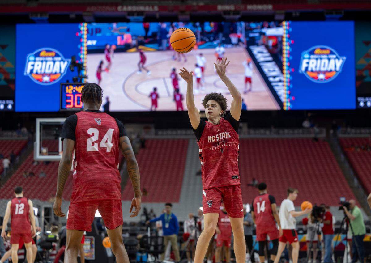 N.C. State’s Jordan Snell (22) works on his shooting form during the Wolfpack’s practice on Friday, April 5, 2024, as they prepare for their NCAA National Semi-Final game against Purdue at State Farm Stadium in Glendale, AZ.