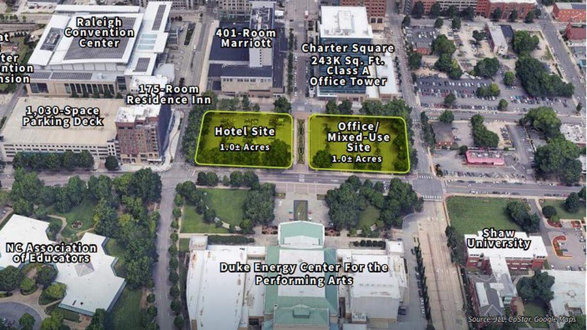 An overview image of the prospective downtown Raleigh sites for a convention center headquarter-hotel and a mixed-use office tower.