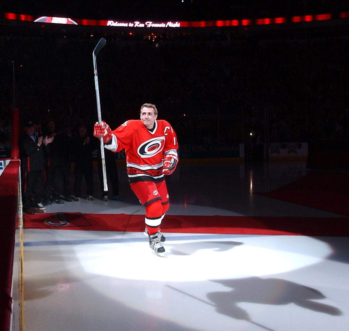 Former Canes captain Ron Francis takes to the ice for the final time at the start of a ceremony held before an NHL game played between the Carolina Hurricanes and the Atlanta Thrashers at the RBC center in Raleigh Saturday night 1/28/06. His his jersey was retired in honor of his career. staff/Chris Seward