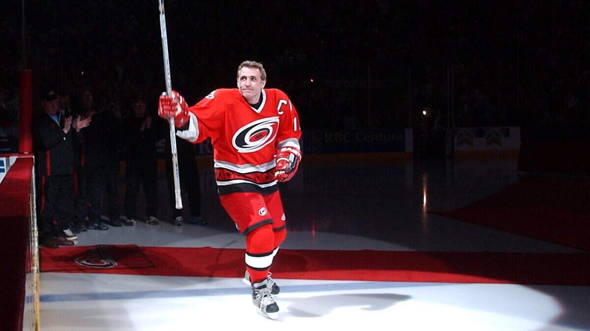 Former Canes captain Ron Francis takes to the ice for the final time at the start of a ceremony held before an NHL game played between the Carolina Hurricanes and the Atlanta Thrashers at the RBC center in Raleigh Saturday night 1/28/06.  His his jersey was retired in honor of his career.   staff/Chris Seward