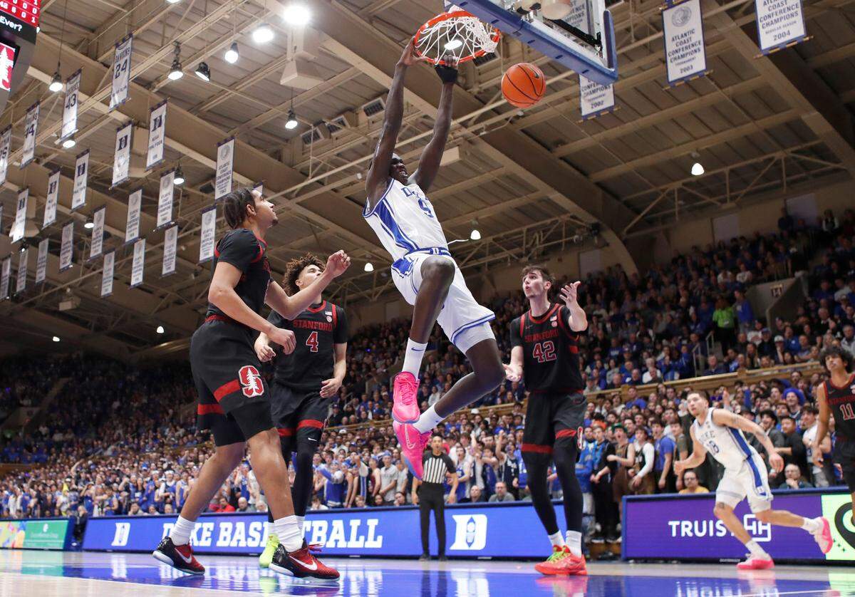 Duke’s Khaman Maluach (9) slams in two during Duke’s 106-70 victory over Stanford at Cameron Indoor Stadium in Durham, N.C., Saturday, Feb. 15, 2025.