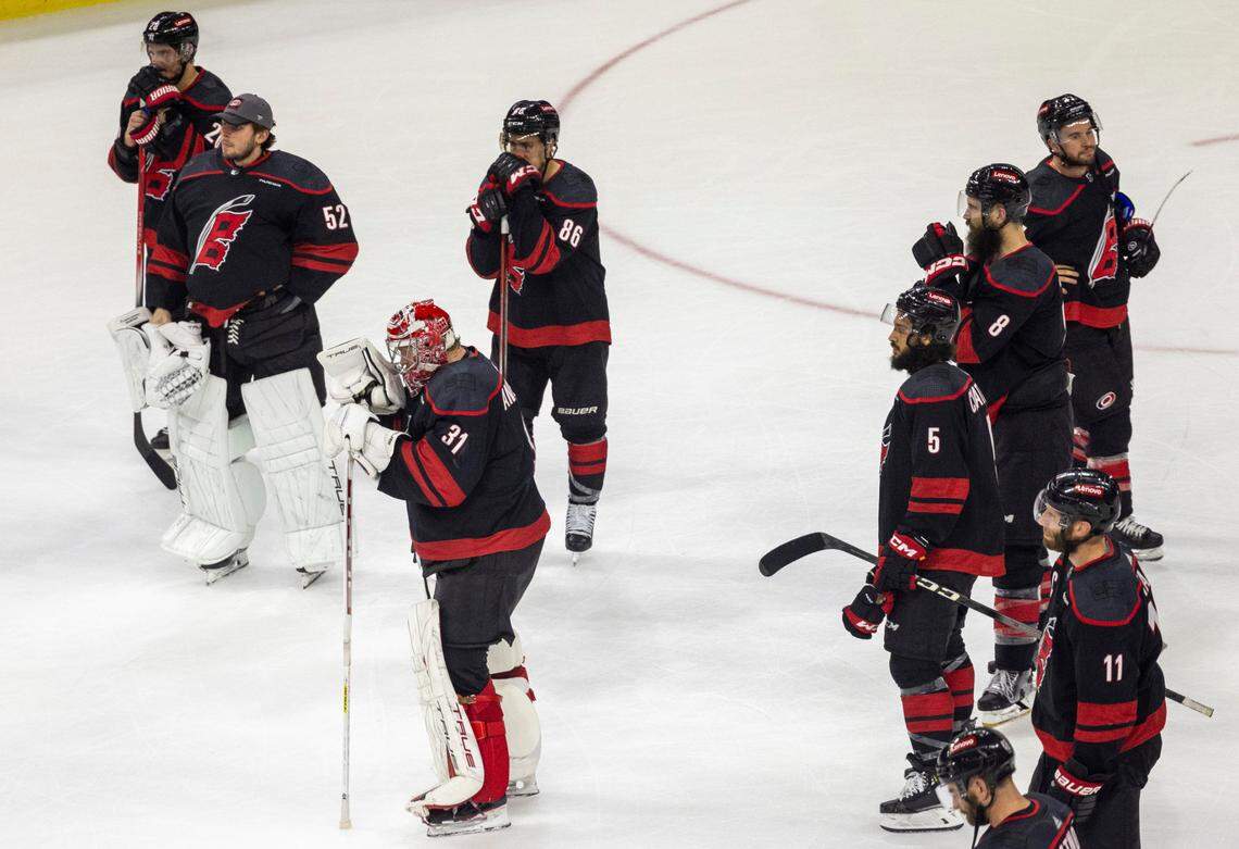 Carolina Hurricanes goaltender Frederik Andersen (31) and his teammates wait for the handshake line after falling 5-3 to the New York Rangers, eliminating them from the 2024 Stanley Cup playoffs on Thursday, May 16, 2024 at PNC Arena in Raleigh N.C.