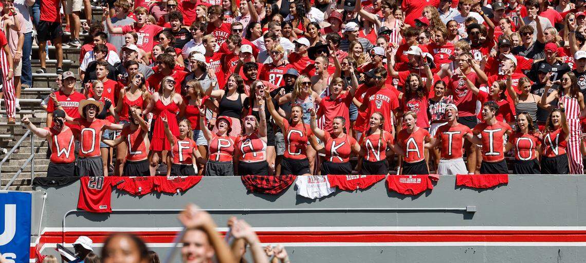 N.C. State fans sing the alma mater before the Wolfpack’s game against VMI at Carter-Finley Stadium in Raleigh, N.C., Saturday, Sept. 16, 2023.