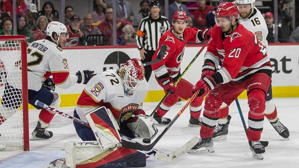 The Carolina Hurricanes Sebastian Aho (20) tries to score on Florida Panthers goalie Sergei Bobrovsky (72) during quadruple overtime in Game 1 of the Eastern Conference Finals on Friday, May 19, 2023 at PNC Arena in Raleigh, N.C.