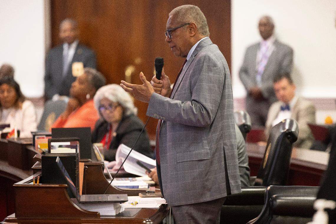 Senator Dan Blue offers an amendment calling for funding for additional District Attorneys for Wake County during debate of the Senate Budget proposal on Wednesday, April 16, 2025 at the General Assembly in Raleigh, N.C.