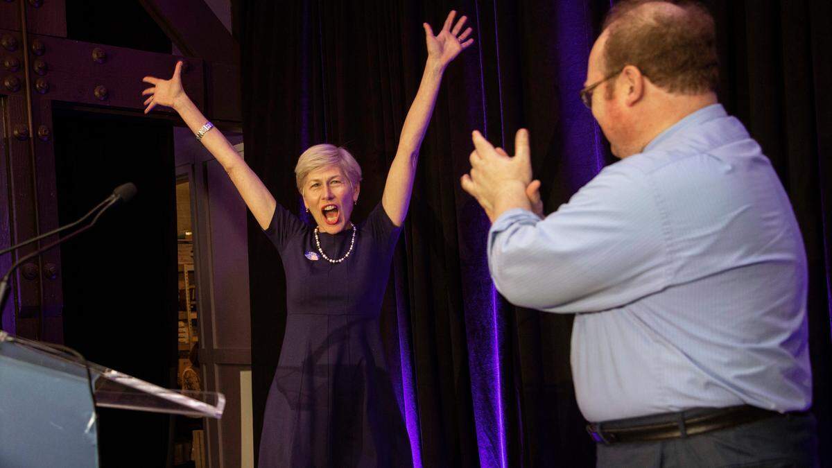 Deborah Ross, Democratic candidate, for U.S. House N.C. District. 2, is introduced during a North Carolina Democratic Party primary election watch party at Traine Raleigh Tuesday, March 3, 2020.