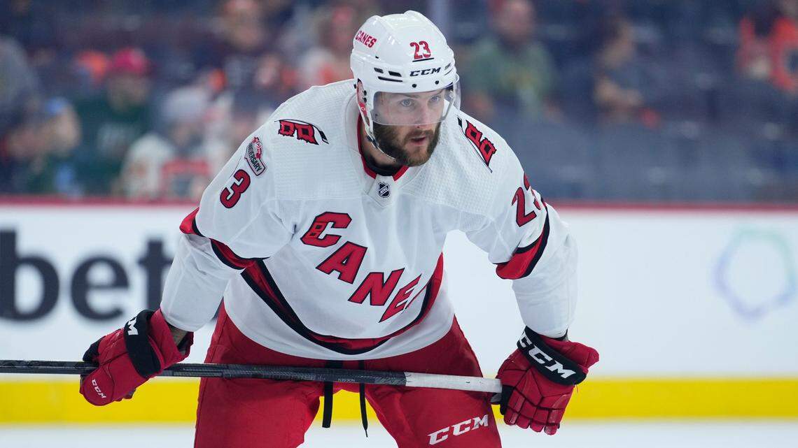 Carolina Hurricanes’ Stefan Noesen plays during an NHL hockey game, Saturday, Oct. 29, 2022, in Philadelphia. (AP Photo/Matt Slocum)
