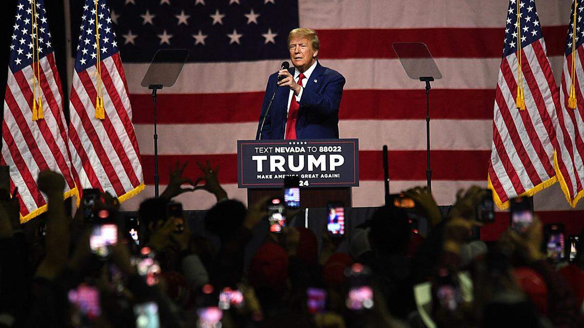 Republican candidate for President Donald Trump speaks during the Commit to Caucus Rally at the Reno-Sparks Convention Center in Reno on Dec. 17, 2023.