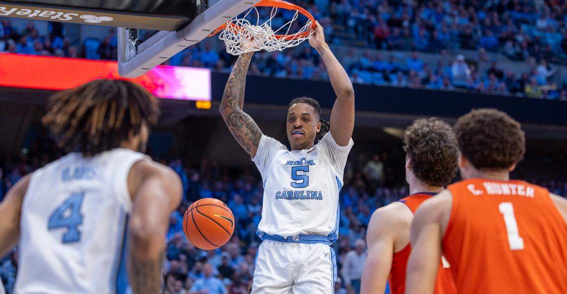 North Carolina’s Armando Bacot (5) gets a dunk for two of his game high 24 points during the second half against Clemson on Tuesday, February 6, 2024 at the Dean E. Smith Center in Chapel Hill, N.C.