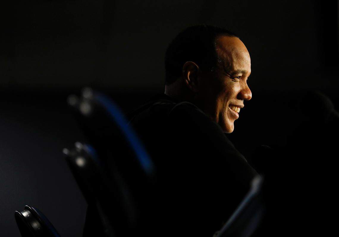 N.C. State head coach Kevin Keatts smiles during an interview prior to the Wolfpack’s NCAA second round game against Oakland on Friday, March 22, 2024, at PPG Paints Arena in Pittsburgh, Pa.