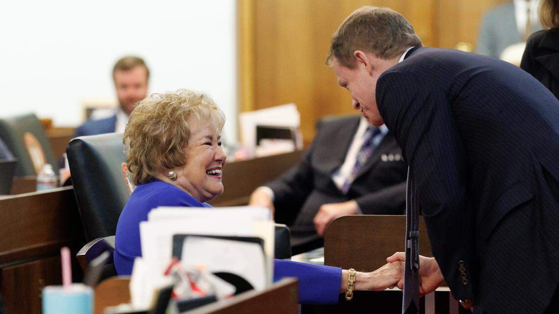 Former U.S. Sen. Elizabeth Dole greets N.C. Speaker of the House Destin Hall prior to a special ceremony in the House chamber of the Legislative Building on Wednesday, June 4, 2025, in Raleigh, N.C.