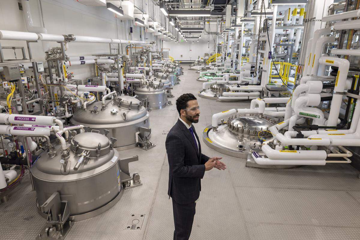 At Fujifilm Diosynth Biotechnologies in Holly Spring , N.C., Sam Rabhan, Director of Capital Projects gives a tour where bioreactors produce genetically engineered living cells that are grown under controlled conditions to produce biopharmaceutical products.