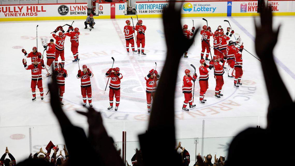 Fans celebrates with Carolina during the Storm Surge after the Hurricanes’ 4-1 victory over the Columbus Blue Jackets at PNC Arena in Raleigh, N.C., Wednesday, Oct. 12, 2022.