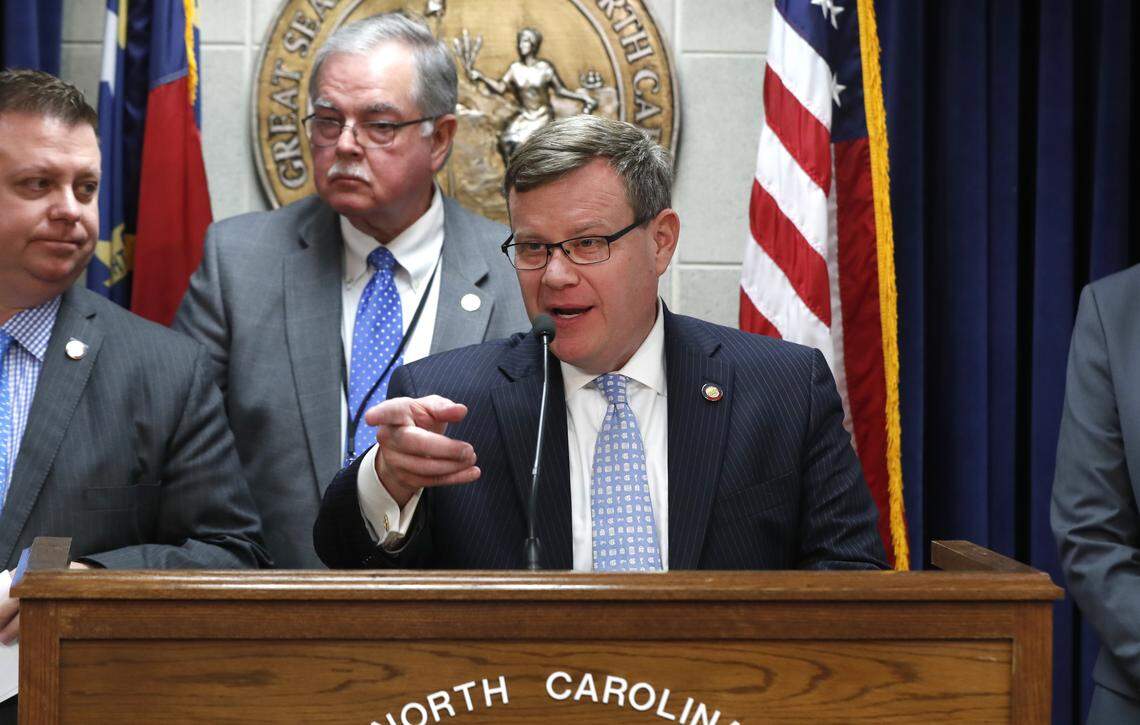 House Speaker Tim Moore answers a question about a proposed state House budget during a press conference in Raleigh, N.C., Tuesday, April 30, 2019.