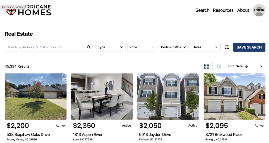 A screenshot of HurricaneHomes.org — a website built by Cary-based doorify Multiple Listing Service (MLS) in collaboration with Canopy Realtor Association and Solid Earth — aimed at helping displaced residents find temporary housing.